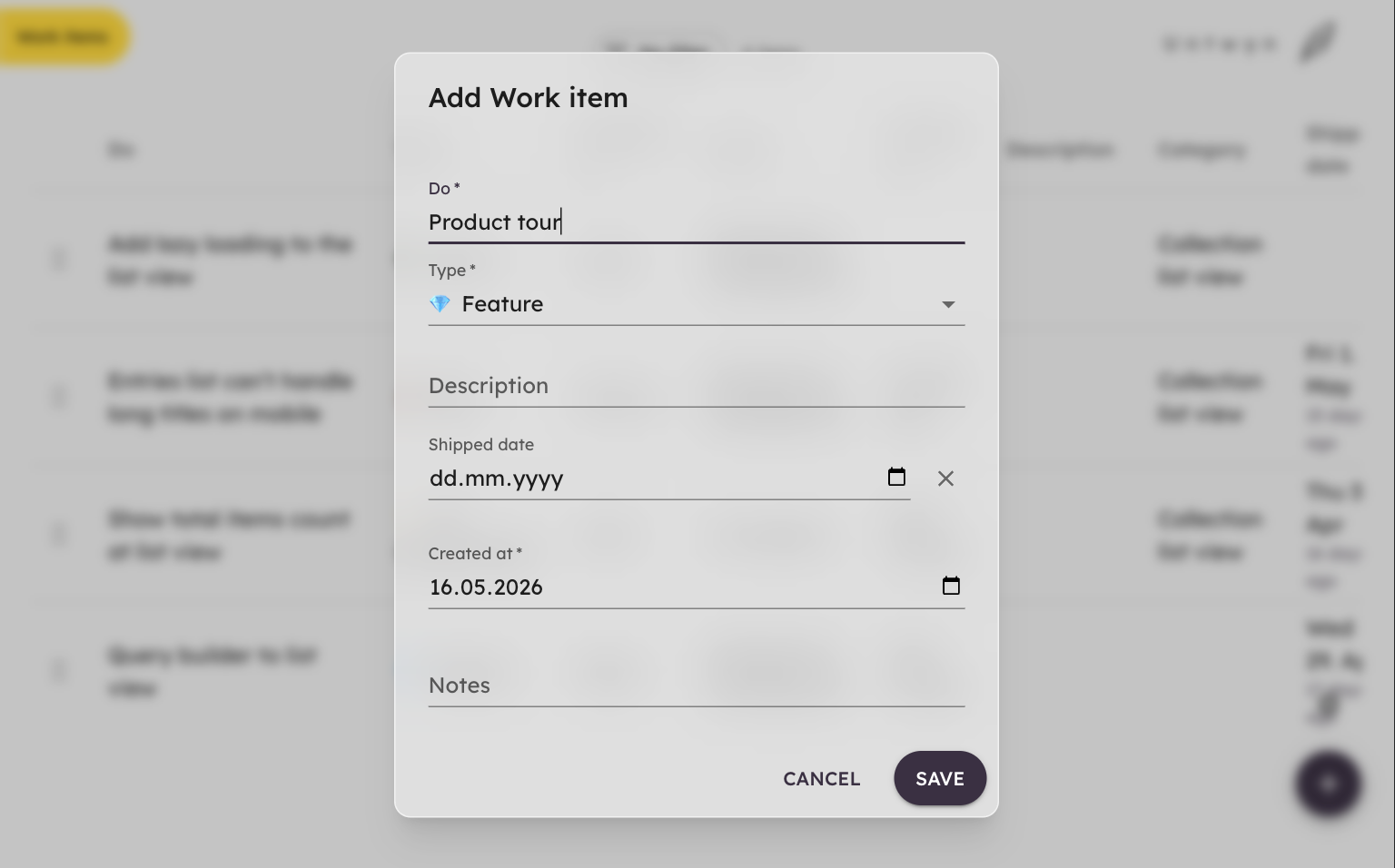 Add Work item dialog with type, dates, and description fields