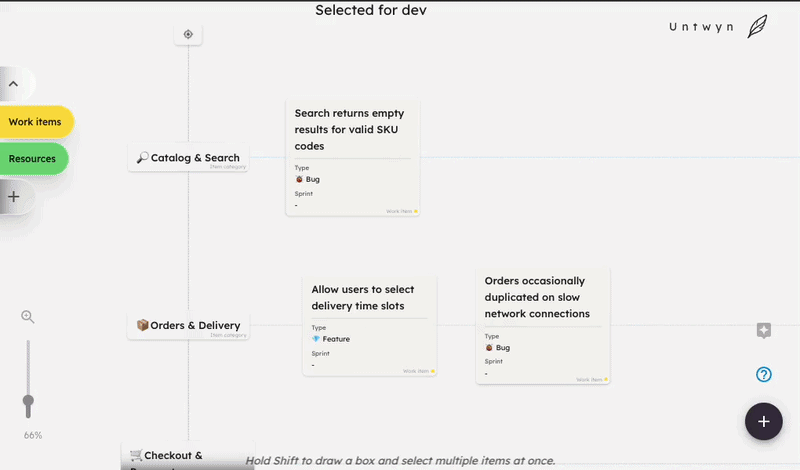 Planning canvas with work item cards grouped by area, selecting multiple items with Shift