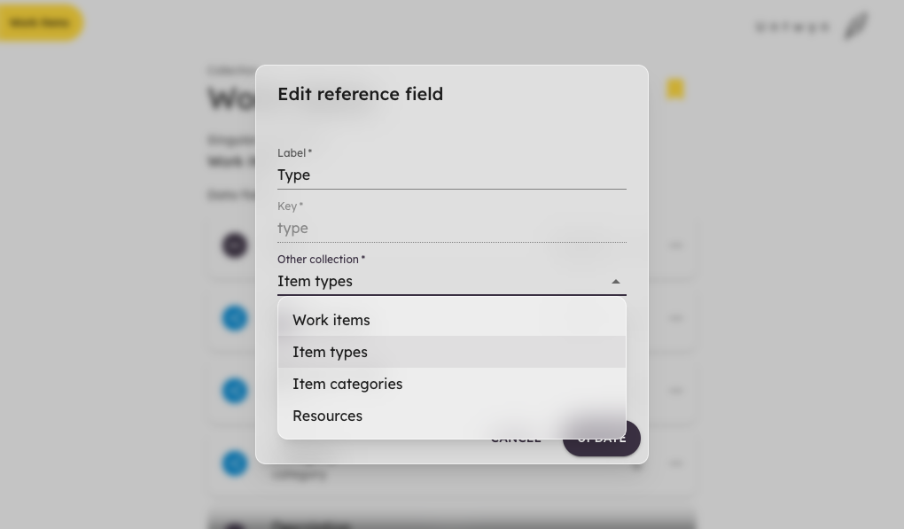 Edit reference field dialog choosing Item types as the linked collection for a Type property